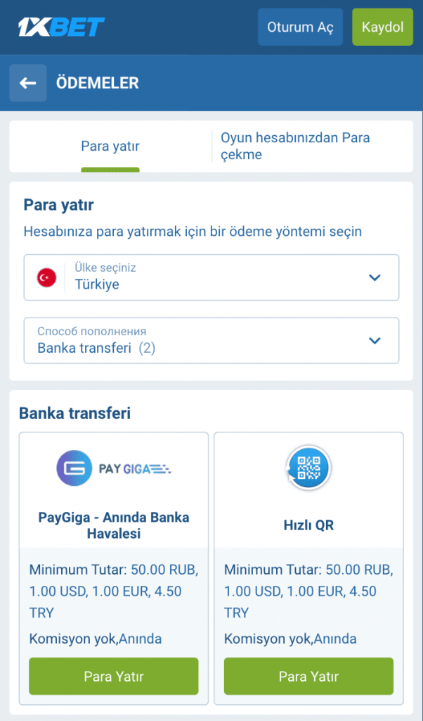 Türkiye için 1xBet ödeme sistemleri